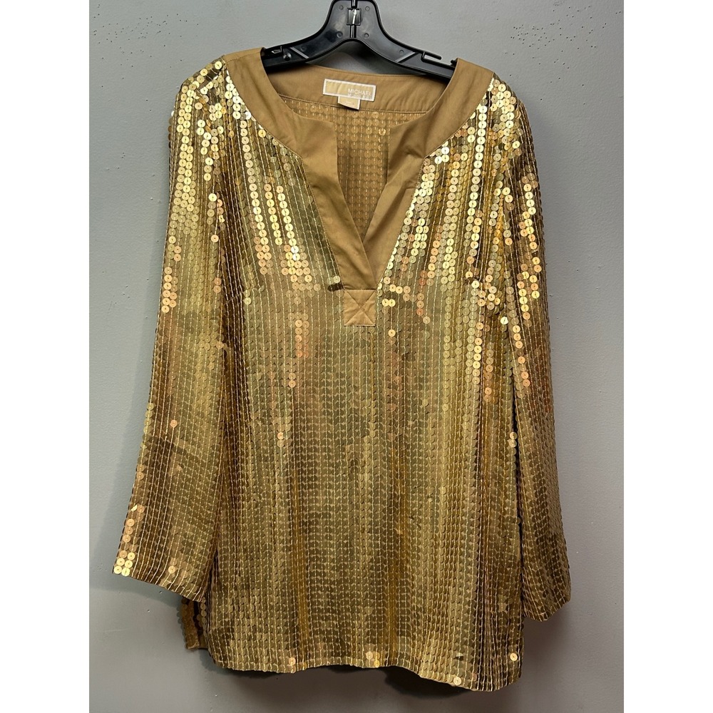 Michael Kors Top Women Medium Gold Sequin Long Sleeve V-Neck Tunic Blouse